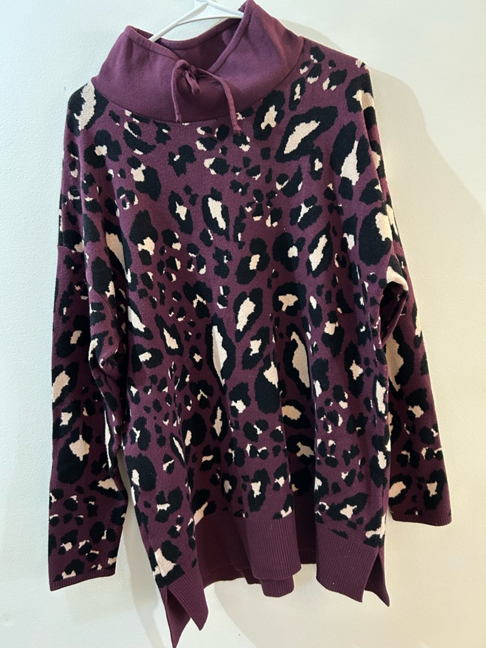 Lou & Grey Leopard Print Mock Neck  Drawstring Sweater Plum Maroon Women’s XL